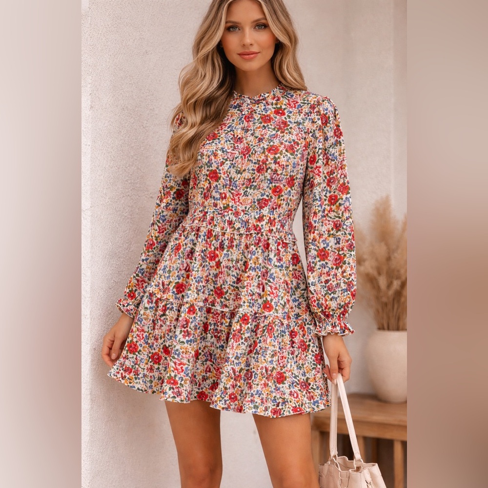 JODIFL Floral Tiered Mini Dress in Cream with Red, Blue & Green Floral Print